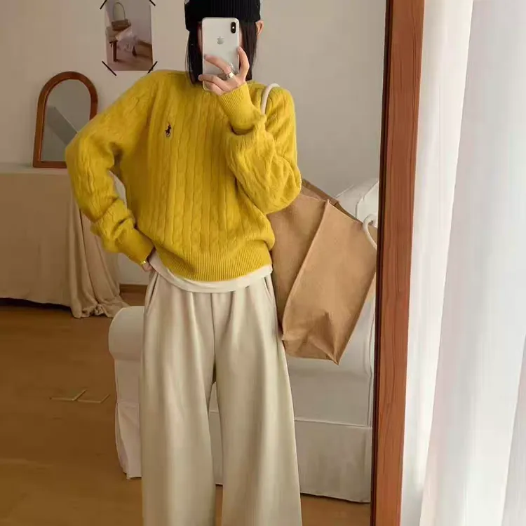 麻花圆领小马刺绣毛衣新款宽松套头毛针织衫纯色显瘦打底衫内搭女