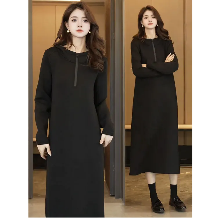 休闲连衣裙女2025秋季新款时髦洋气连帽半拉链遮肉显瘦长袖卫衣裙