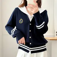 微胖MM秋季新款学院风撞色海军领针织开衫女大码宽松百搭上衣外套