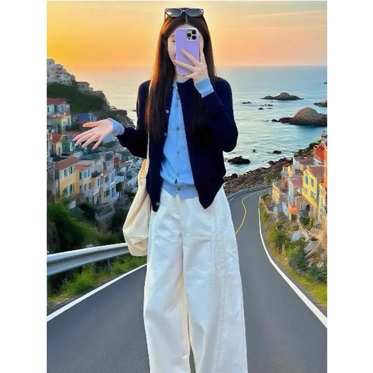韩系小香风假两件针织毛衣开衫女秋季慵懒高级感宽松软糯上衣套装