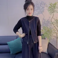 丹丹精选--1157新款圆领单排扣马甲拼接裤脚牛仔裤两件套套装
