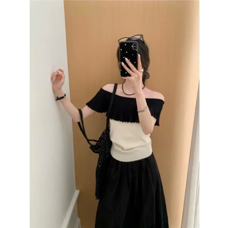 法式荷叶边一字肩上衣女2025夏季新款修身冰丝针织小衫设计感小众