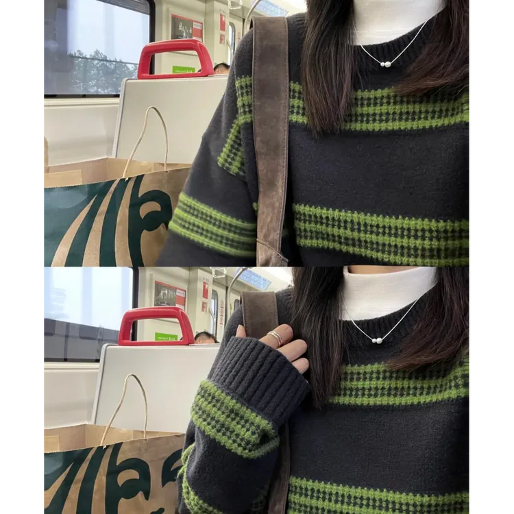 复古绿色条纹毛衣女秋冬小众撞色减龄上衣秋冬新款chic软糯针织衫