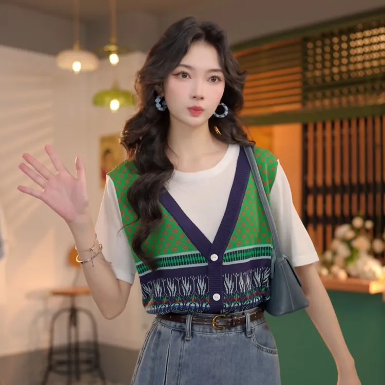 丁佳欣【丛林映日】复古港风假俩件夏季短袖T恤休闲上衣DO1218084