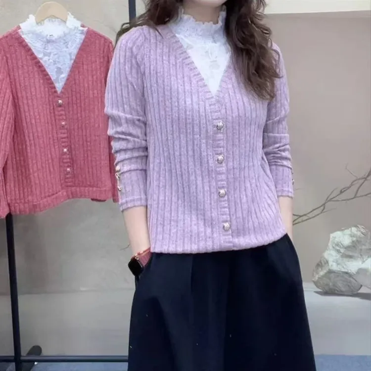 春秋新款欧货爆款【蕾丝拼接】高领时尚休闲洋气百搭长袖女