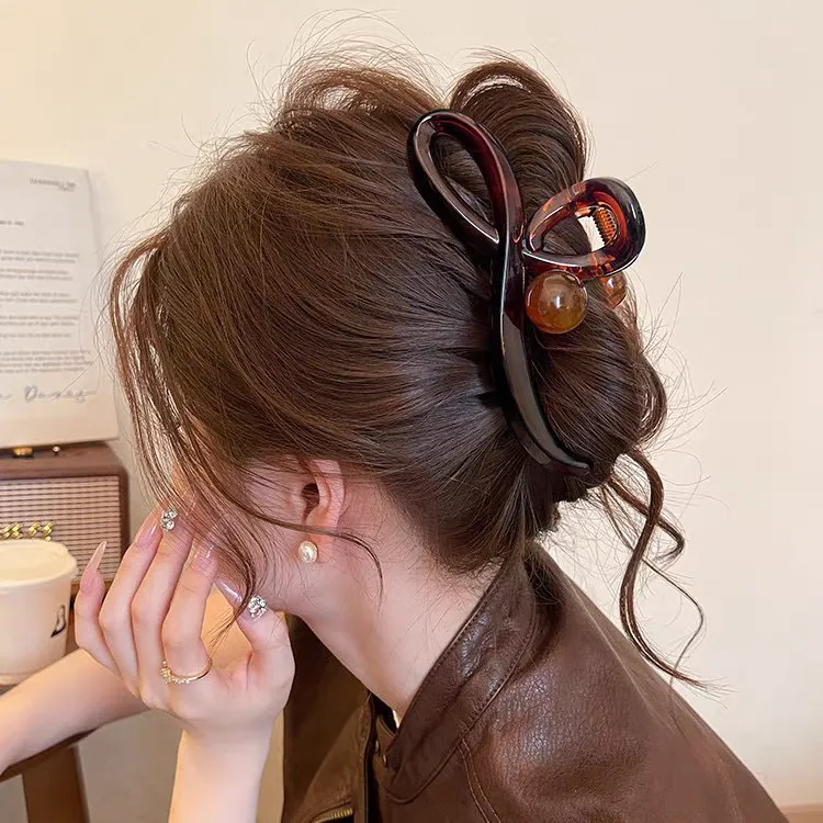 2024新款后脑勺发量多鲨鱼夹高级感咖色珠珠发夹女气质抓夹 8120