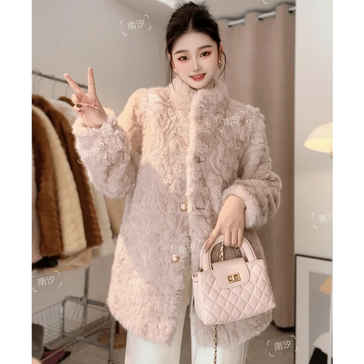 花狐貂秋冬季新款皮毛一体中长款外套女水貂绒毛毛仿皮草立领大衣