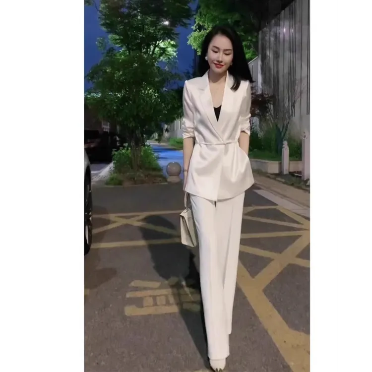 大码女神范西装套装胖mm夏季薄款高级感职业西服外套阔腿裤两件套