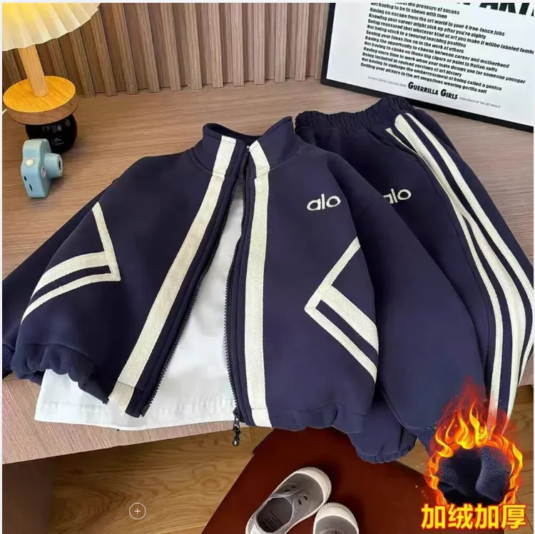 【亲子款】秋冬新款男女中大童运动套装儿童百搭两件套加绒