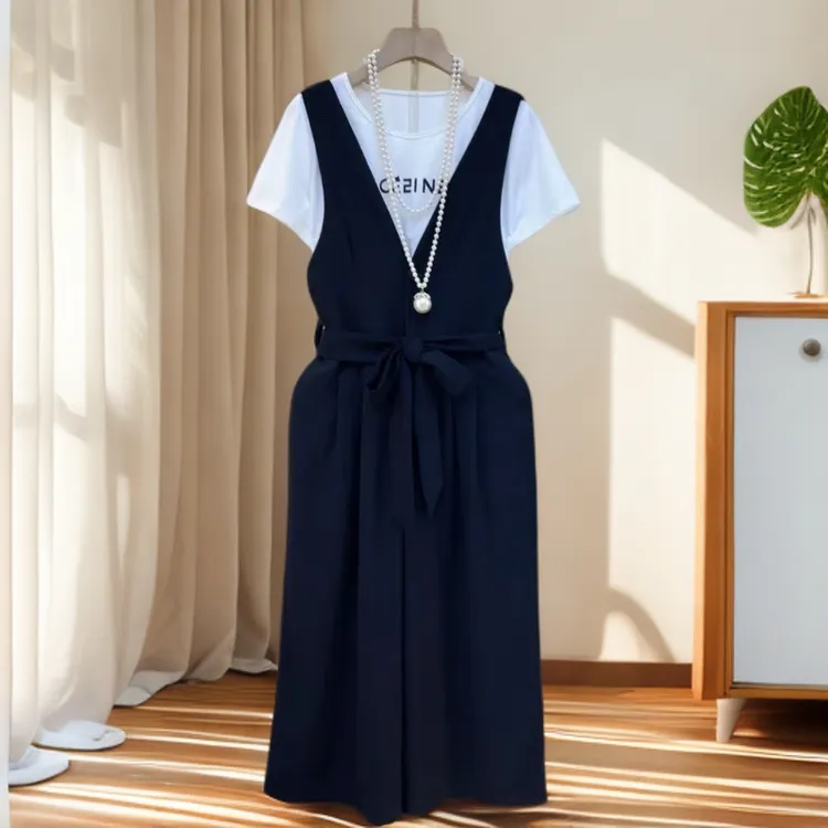 2025夏季新款背带显瘦阔腿裤宽松高腰垂感休闲上衣+连体裤套装