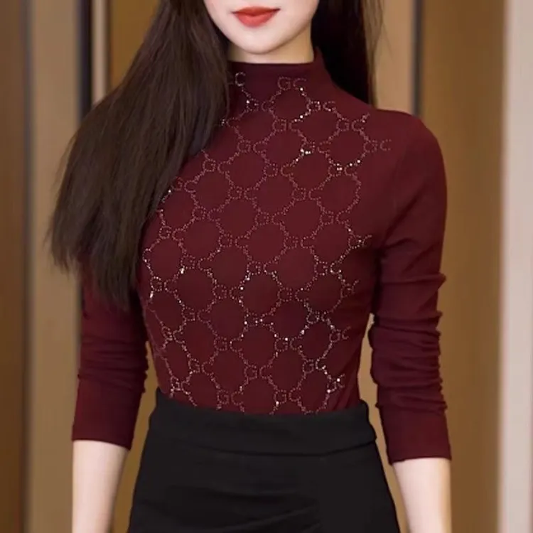 半高领遮肚显瘦妈妈装上衣女秋冬新款德绒烫钻轻奢t恤长袖保暖衫