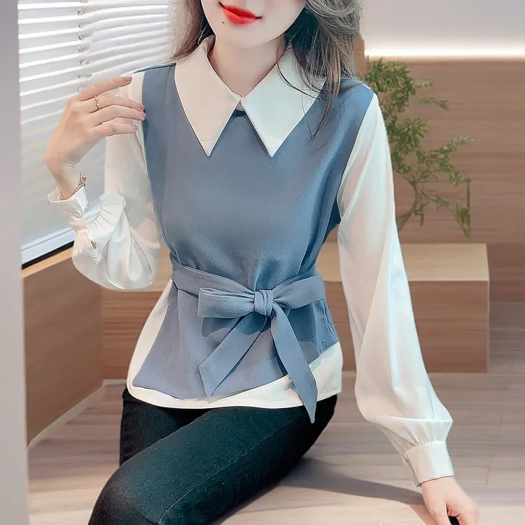 假两件长袖衬衫女春秋法式设计感时尚风洋气收腰漂亮小衫休闲上衣