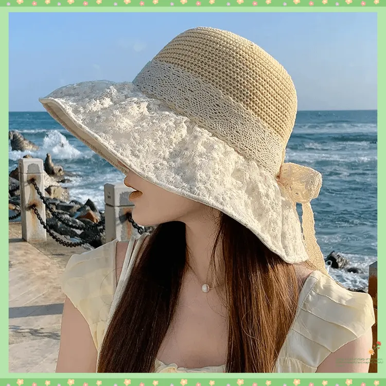 夏季海边度假阳渔夫帽女时尚可折叠大帽檐蕾丝雏菊遮脸D461