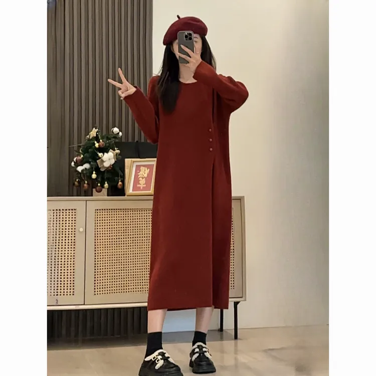 胖MM特大码300斤法式气质长袖连衣裙女秋冬款内搭圆领打底长裙子