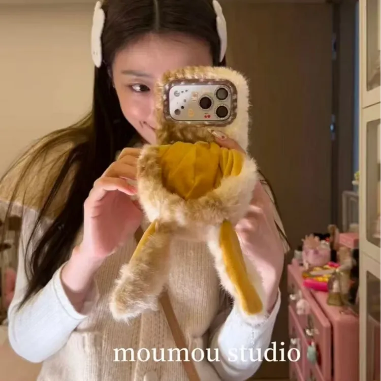 可爱毛绒帽子兔耳朵适用iPhone17promax苹果17pro手机壳16pro1514