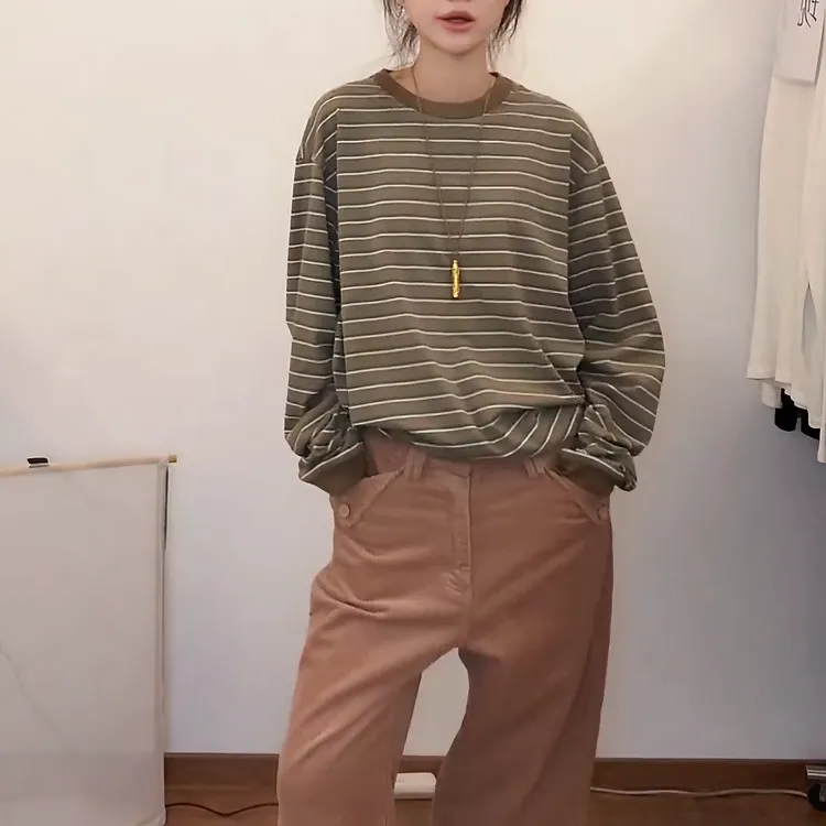 秋冬复古厚实简约条纹撞色慵懒圆领长袖百搭宽松卫衣女LK2508830