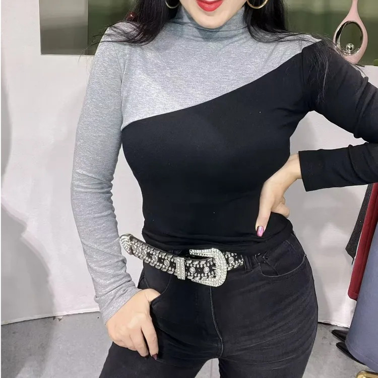 轻职风拼接 520烟灰修身T恤秋冬设计师打底衫