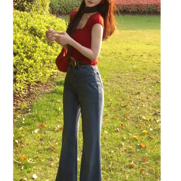 夏季穿搭一整套2025新款韩版修身显瘦短袖上衣高腰牛仔裤两件套装