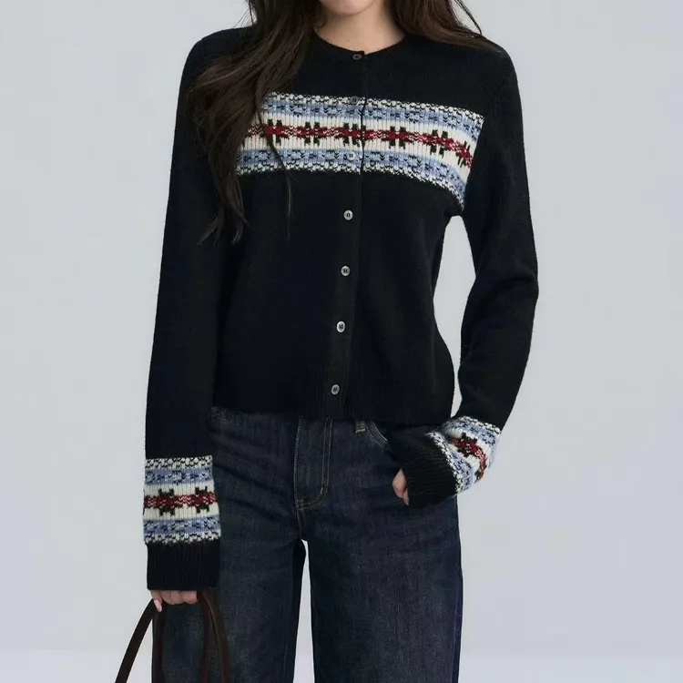 Taoqicaomei·复古风费尔岛针织开衫女秋冬设计感提花毛衣针织衫