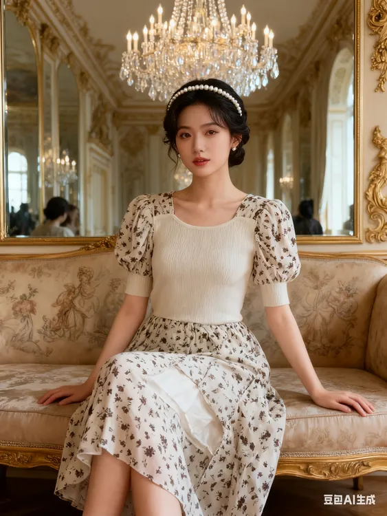 秋冬女碎花针织拼接连衣裙温柔风收腰长裙法式复古公主风高贵欧美