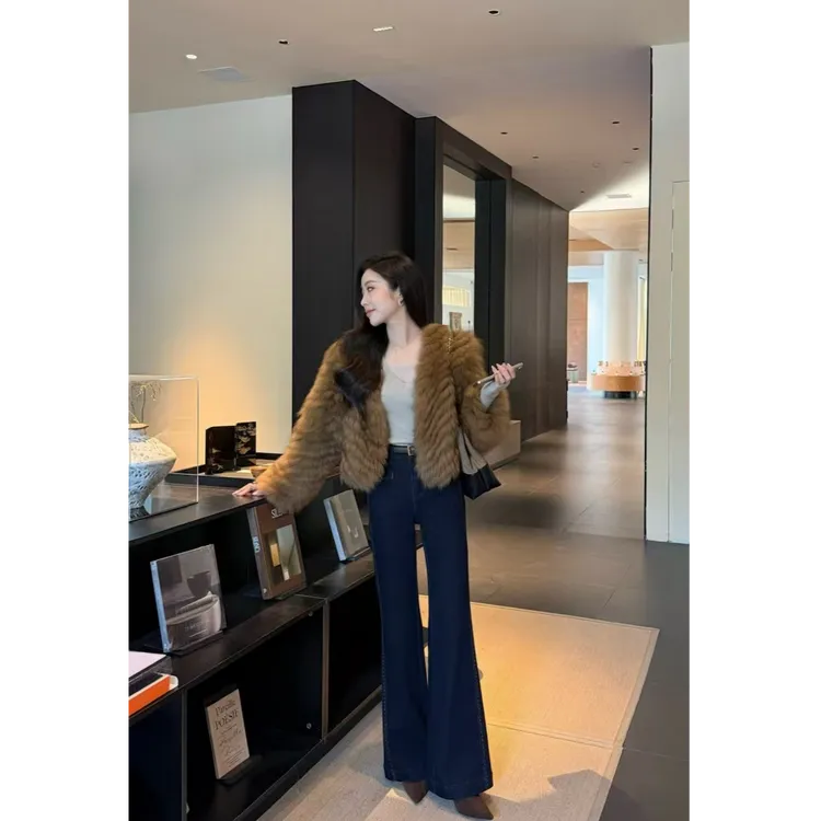 植绒复古深蓝色直筒牛仔裤女2025秋冬新款显瘦高腰修身百搭长裤子