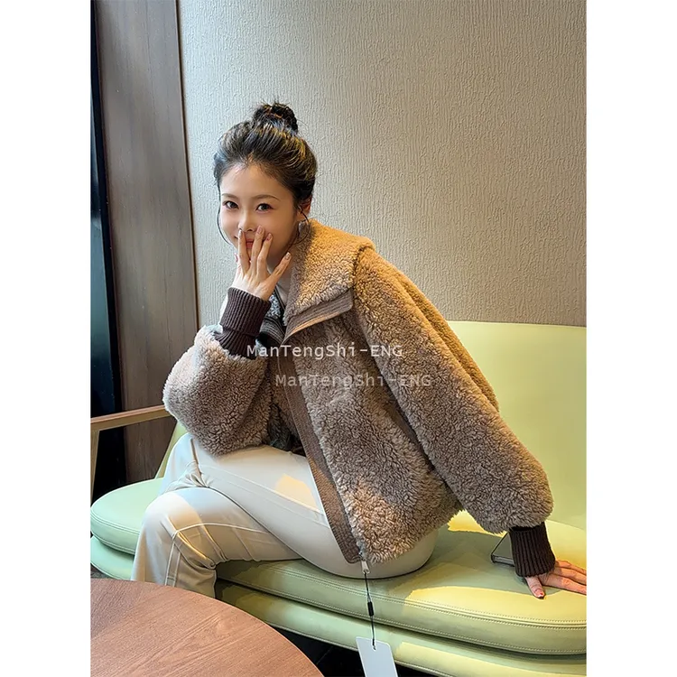 【MTS】25冬季设计师新款海军领皮草颗粒羊毛时尚百搭女士短款外套￥