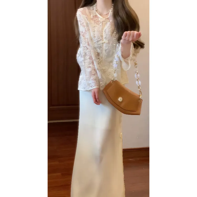 新中式国风高级设计感刺绣上衣+内搭吊带+缎面半身长裙套装裙9079