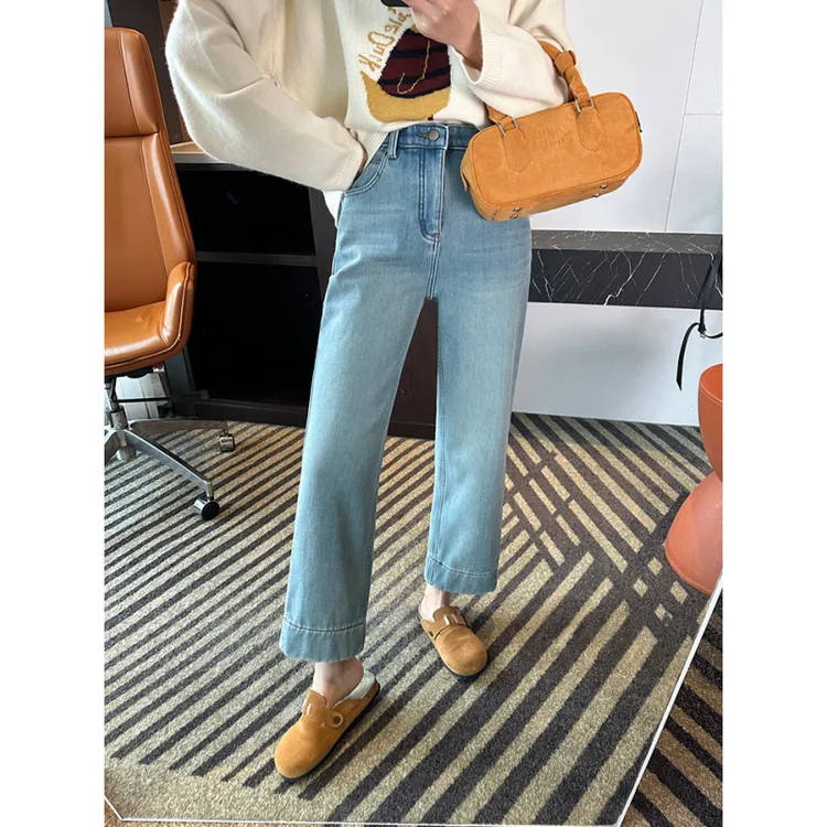 浅蓝色加绒直筒牛仔裤女2025秋冬新款梨形身材高腰显瘦九分烟管裤