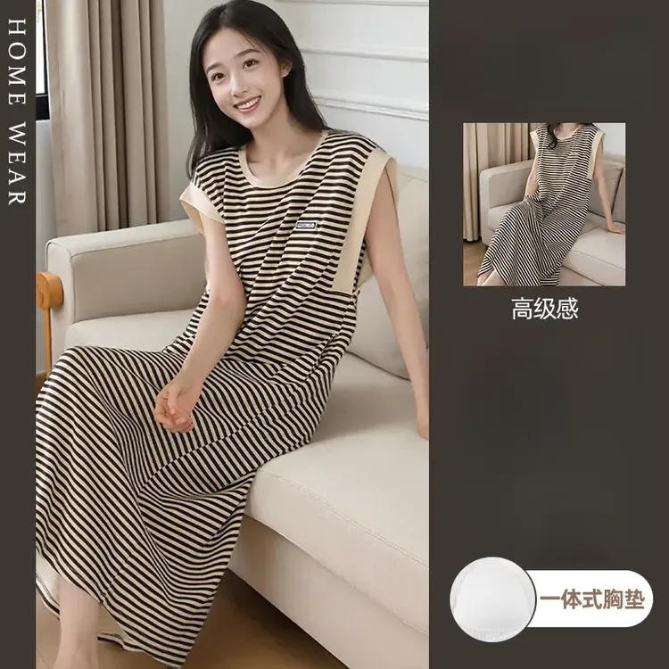 睡衣无袖条纹带胸垫高级夏季新款睡裙可外穿女简约夏季背心家居服