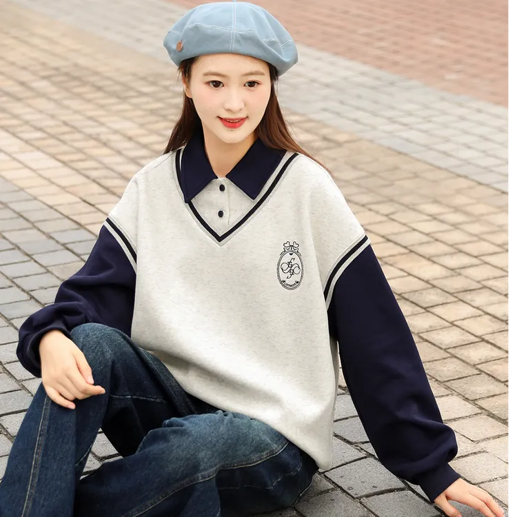 【高中生】卫衣女冬加厚加绒假两件学院风上衣初中学生大童宽松15岁