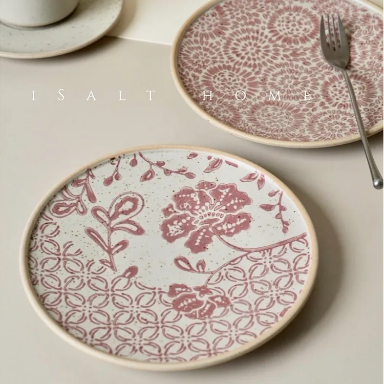 手作粗陶青花铁锈红盘子早餐盘甜品点心盘家用菜盘复古/出丹麦