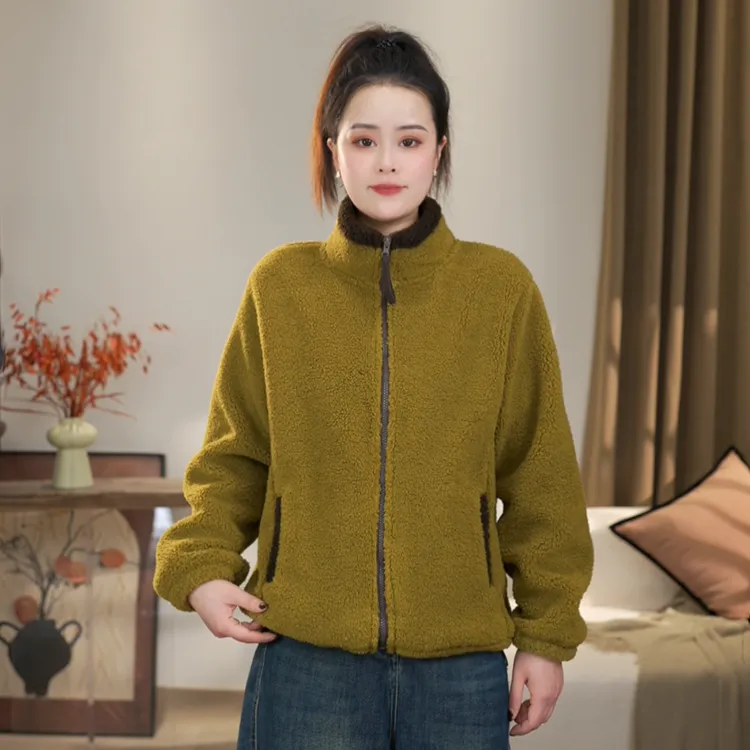 【沐沐】冬季加绒时尚休闲百搭领子撞色防风保暖宽松加厚立领外套