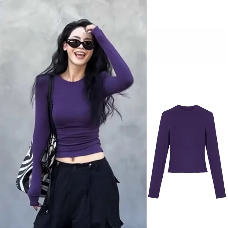 紫色圆领正肩长袖T恤女2025早春新款修身内搭打底衫甜辣chic上衣
