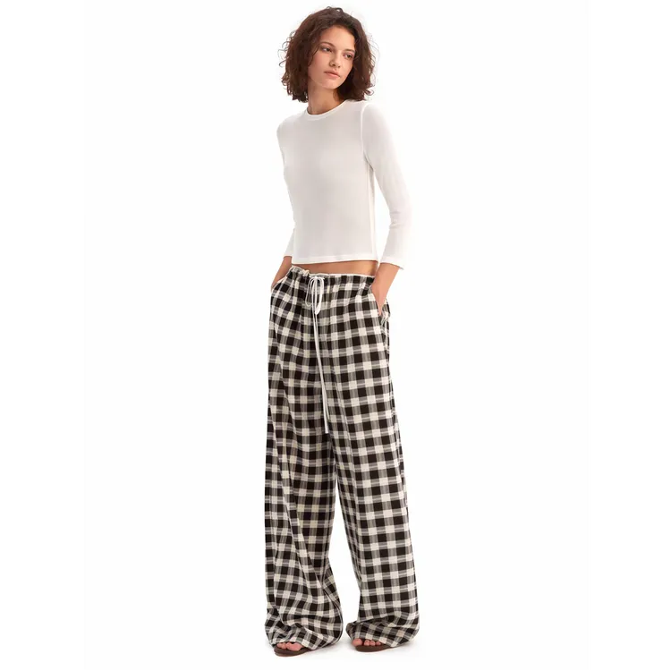 短款中袖肌理感透气软糯基础上衣/格纹休闲经典宽松亲肤阔腿长裤