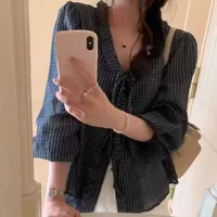 【艾萱萱】8109款褶皱荷叶边格纹衬衫女 图片与实物不符约51
