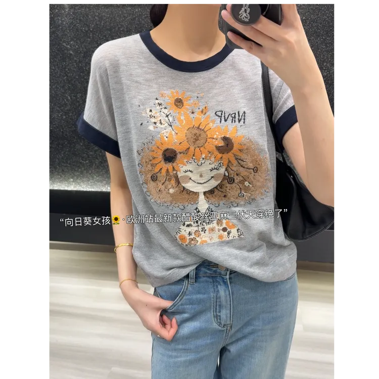 “向日葵女孩 ·欧洲站最新款醋酸丝亚麻三伏天穿绝了”衣长58 胸106
