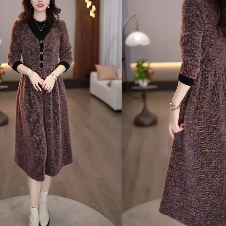 2025冬款时尚精致气质轻奢大气宽松加厚中长款连衣裙M-4XL