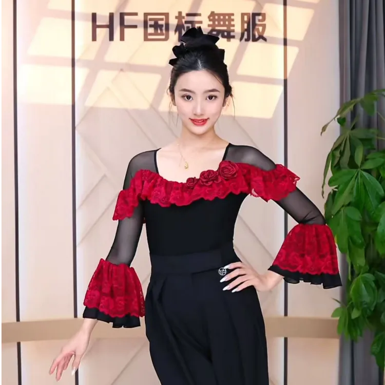 [HF品牌]SY236蕾丝花朵女士摩登舞交谊舞蹈上衣