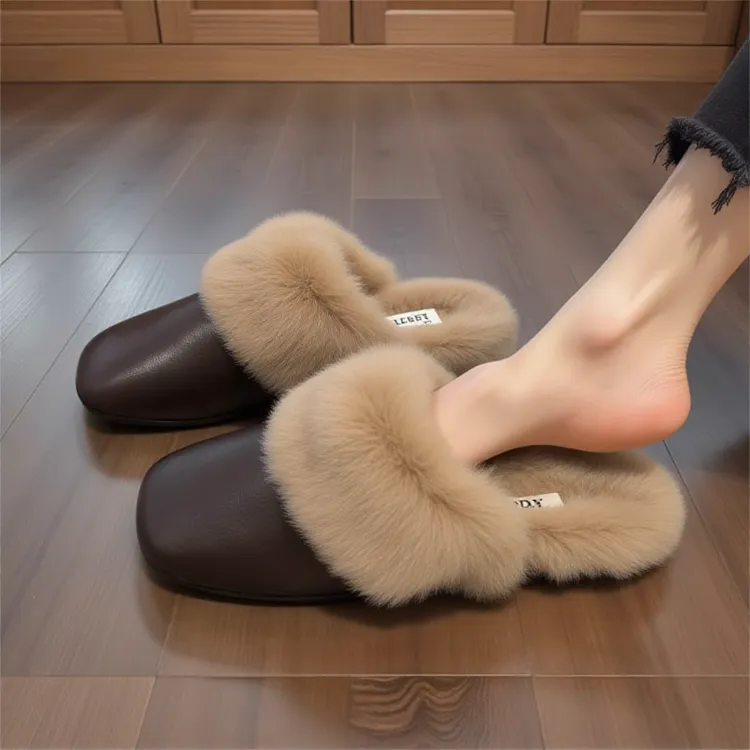 【兔毛绒】棕色毛毛拖鞋女外穿2025新款秋冬复古软底配裙子包头拖