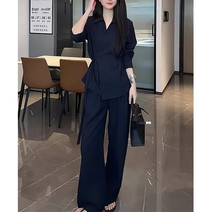 大码藏青色时尚套装女高级感气质系带衬衫直筒长裤早秋穿搭一整套