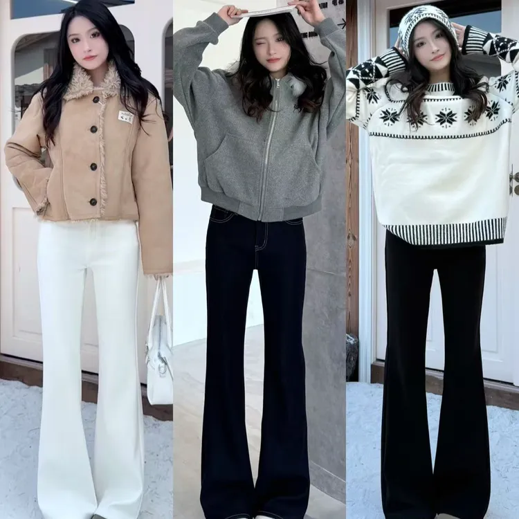 秋冬加绒不贴腿微喇牛仔裤女复古港风百搭高腰显瘦显腿长阔腿裤子