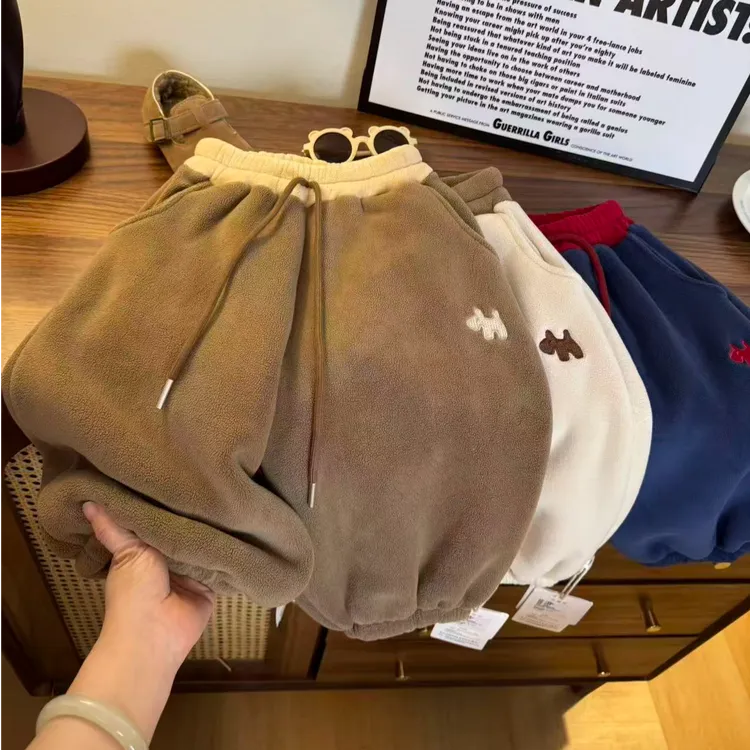 【实体品质】儿童韩系刺绣小狗卫裤秋冬羊驼绒加厚男女童运动裤