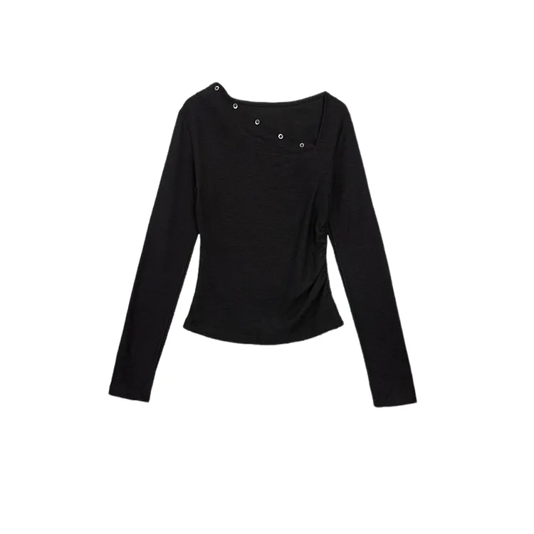 EDX黑色斜肩领口上衣T恤长袖女秋季新款收腰设计超好看辣妹N5333
