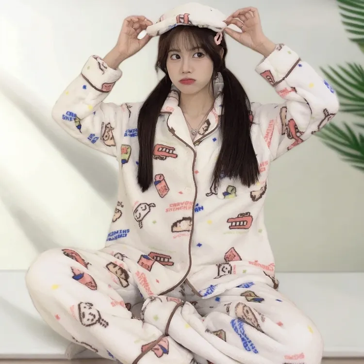 珊瑚绒睡衣女秋冬新款少女感蜡笔小新卡通加厚加绒家居服套装