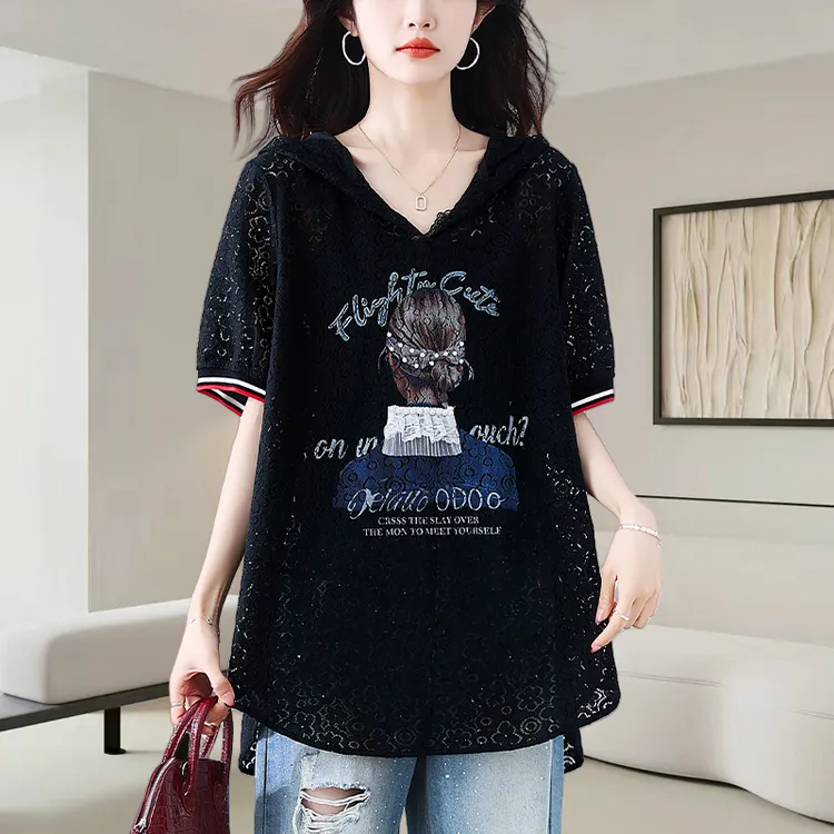 黑色印花蕾丝连帽t恤女士2025夏季新款洋气减龄宽松显瘦休闲上衣