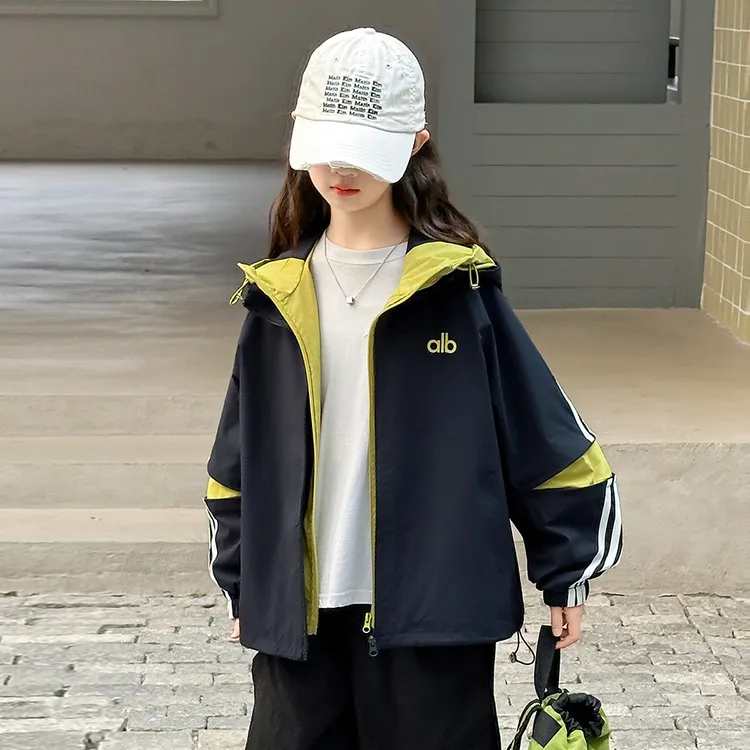 女童春秋款【假两件拉条冲锋衣】中大童运动冲锋衣时尚外套宽松洋气