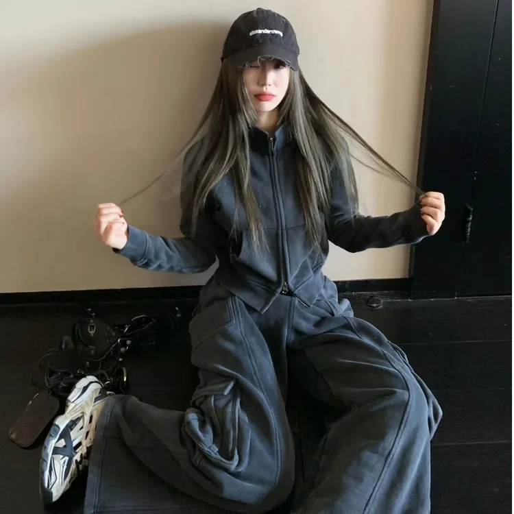 2025春季新款慵懒风宽松休闲直筒阔腿工装裤套装女卫衣外套两件套