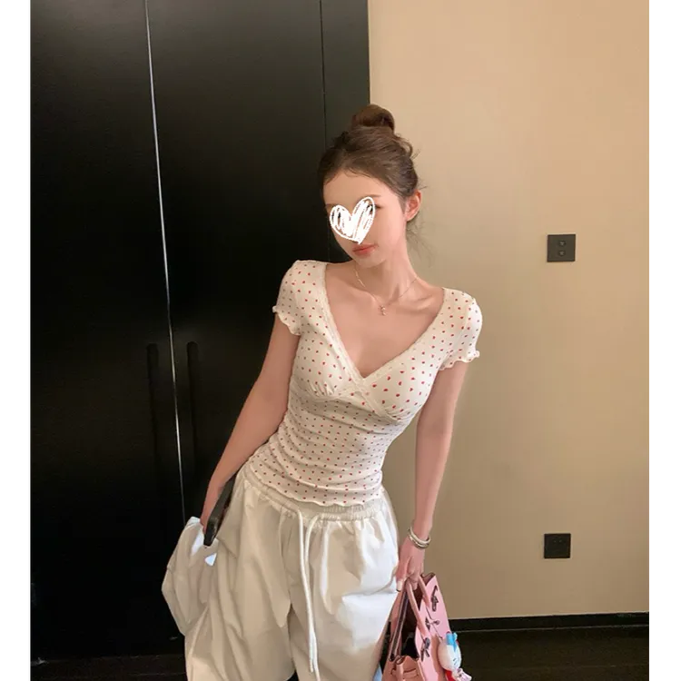 古早小野豹 辣妹蕾丝低V领T恤内搭女小众夏季显瘦设计感Y6122