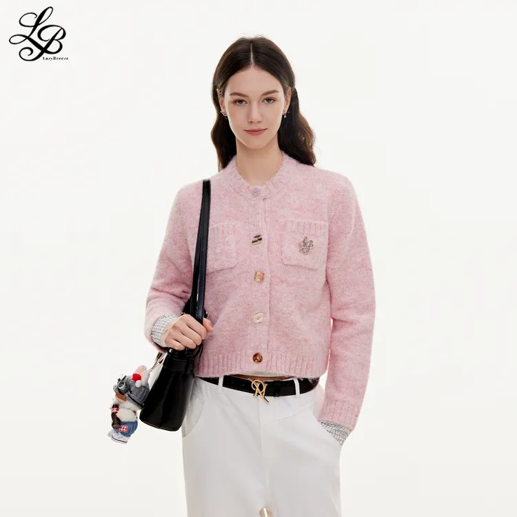 LazyBreeze秋冬季新款粉色短款针织衫甜美轻奢小香风开衫毛衣女
