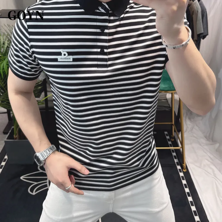 GOYN夏季黑白条纹潮牌男士polo衫T恤2025新款时尚男装翻领短袖t恤